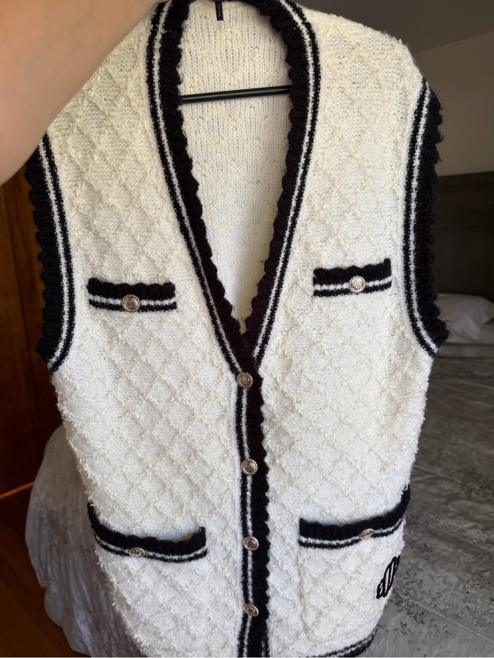 Maje - Textured Ivory Knit Vest with Black Trim